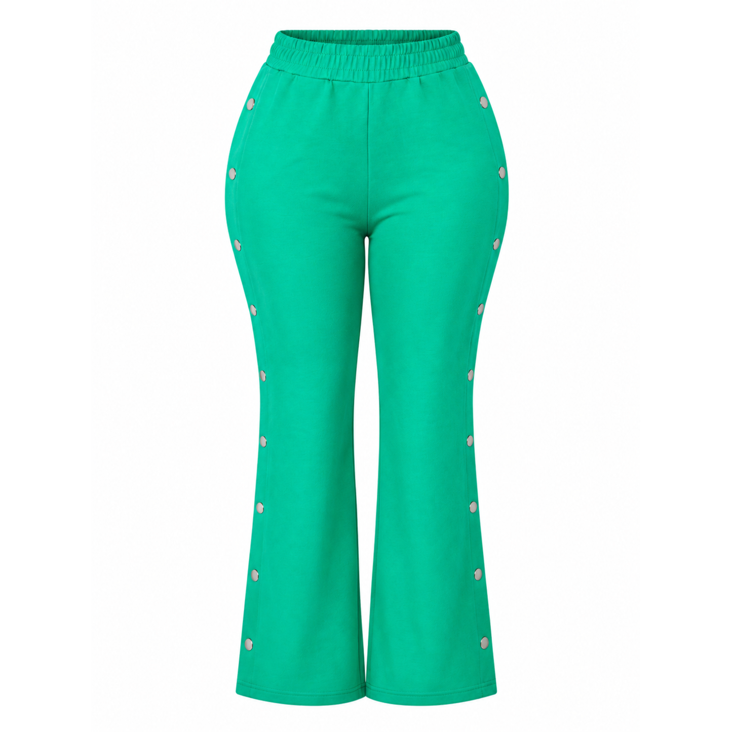 Kelly Green side snap wide leg pants with high waist fit and silver snap detailing. 
