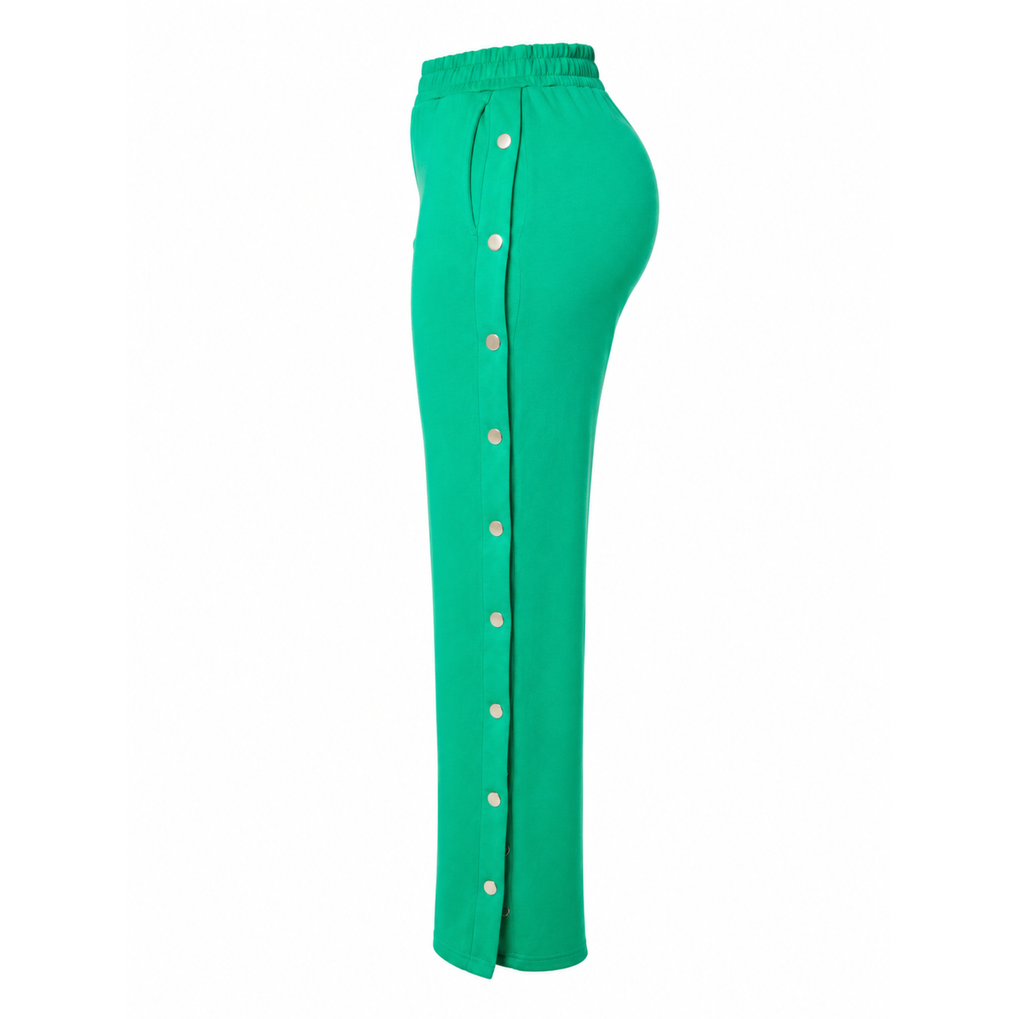 Kelly Green side snap wide leg pants with silver snap detailing. 
