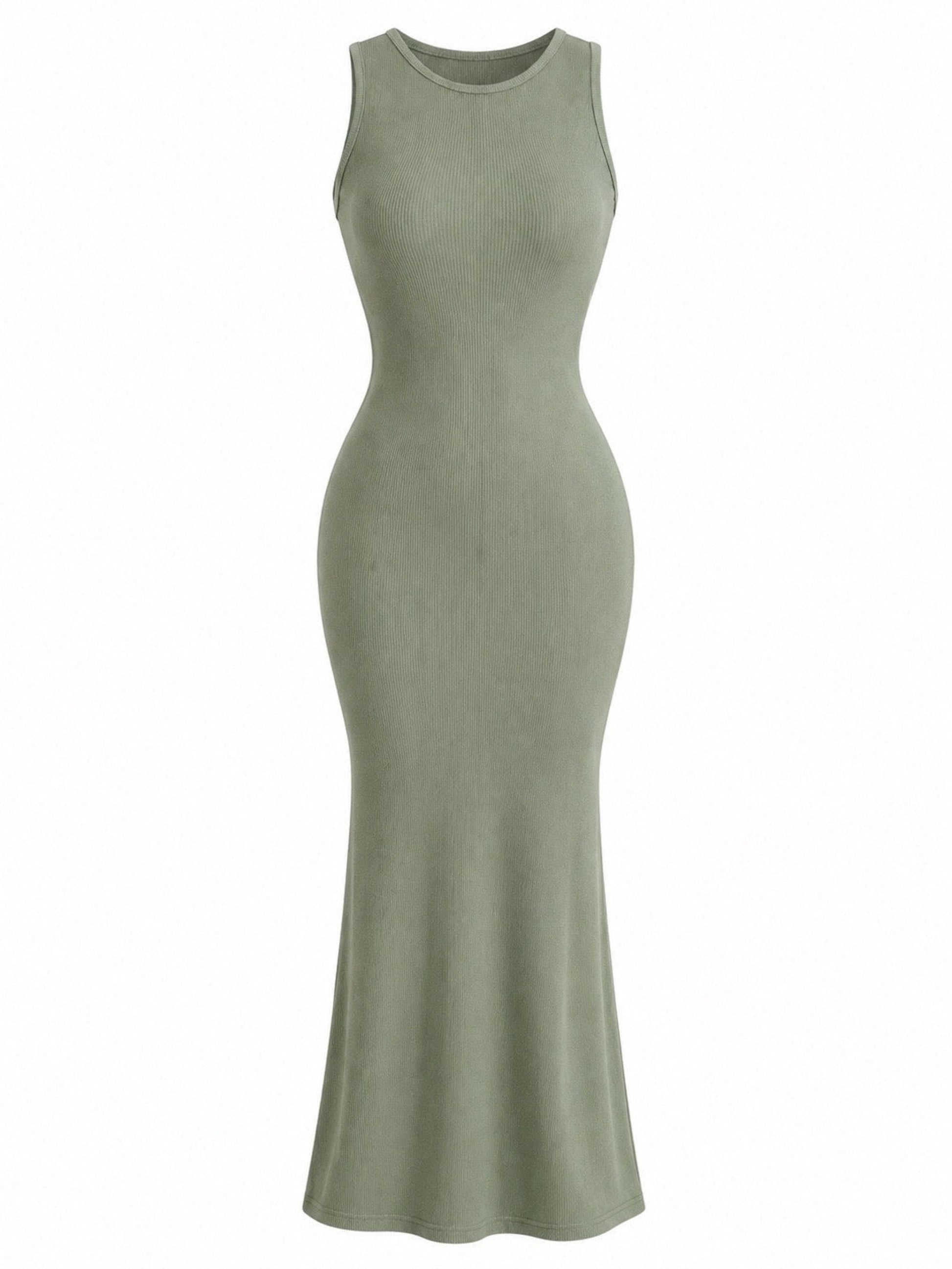 Front view of khaki green Riyah's open back ruched maxi dress featuring a flattering fitted silhouette and ruched detailing.
