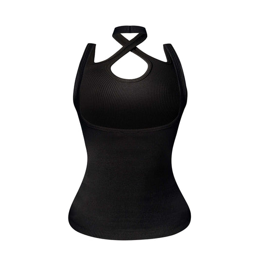 Back view of black knitted halter neck camisole tank top with stretch fabric and fitted silhouette, a sleek sleeveless top designed for a flattering look.