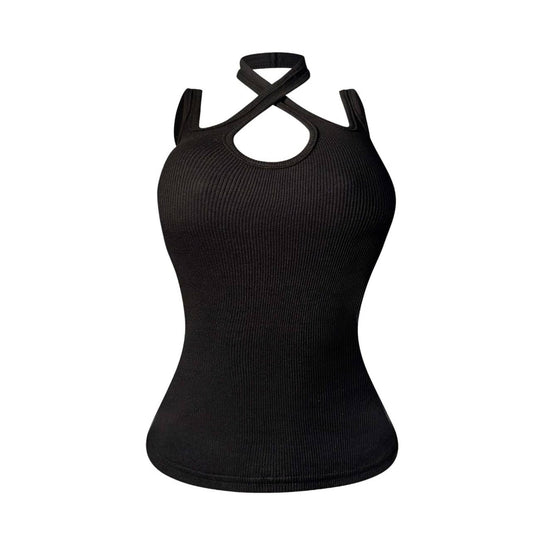 Black knitted halter neck camisole tank top featuring a scoop neckline, sleeveless design, stretch fabric, and X-shape chest detail for a flattering fitted silhouette.