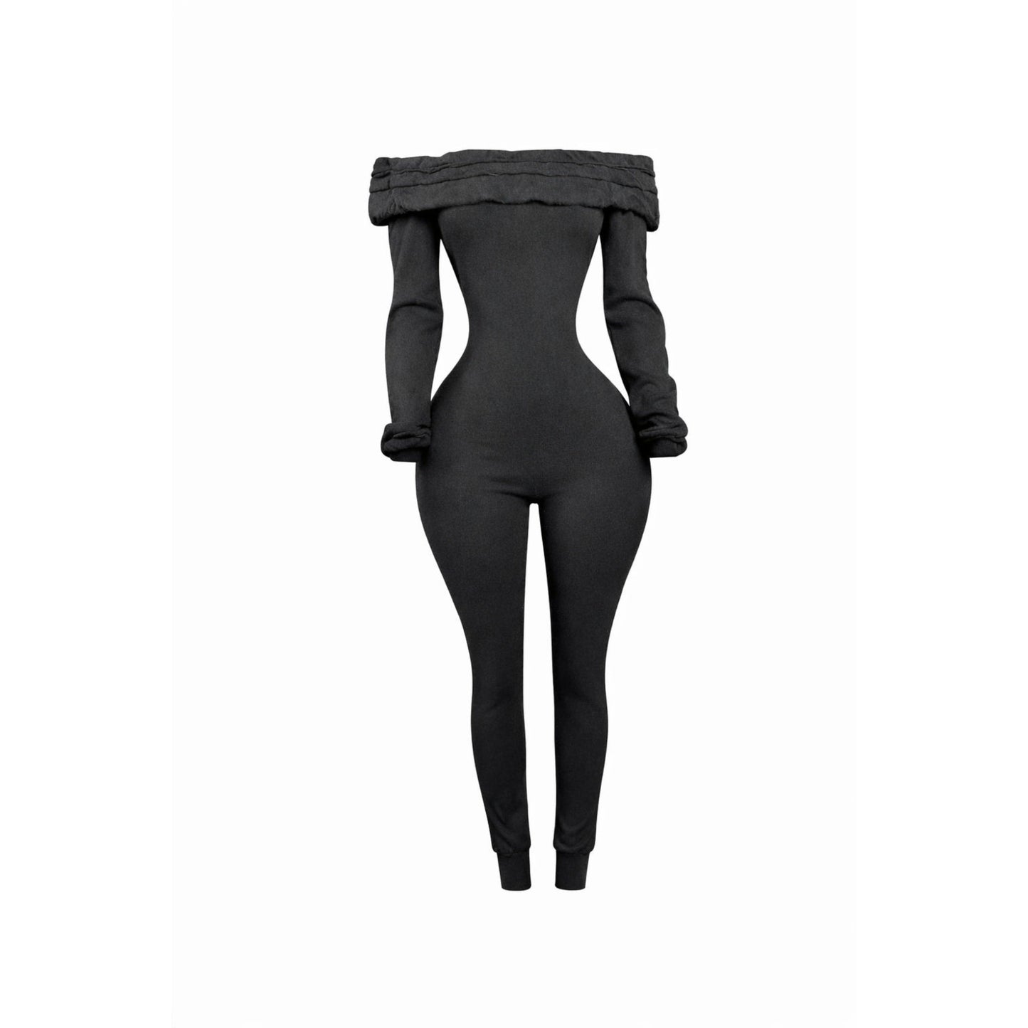 Fold-Over Off-shoulder knitted jumpsuit with long sleeves in black. 