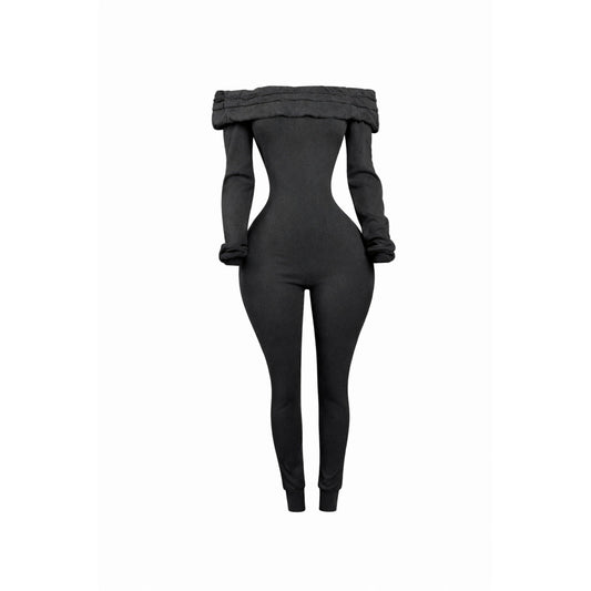 Fold-Over Off-shoulder knitted jumpsuit with long sleeves in black. 