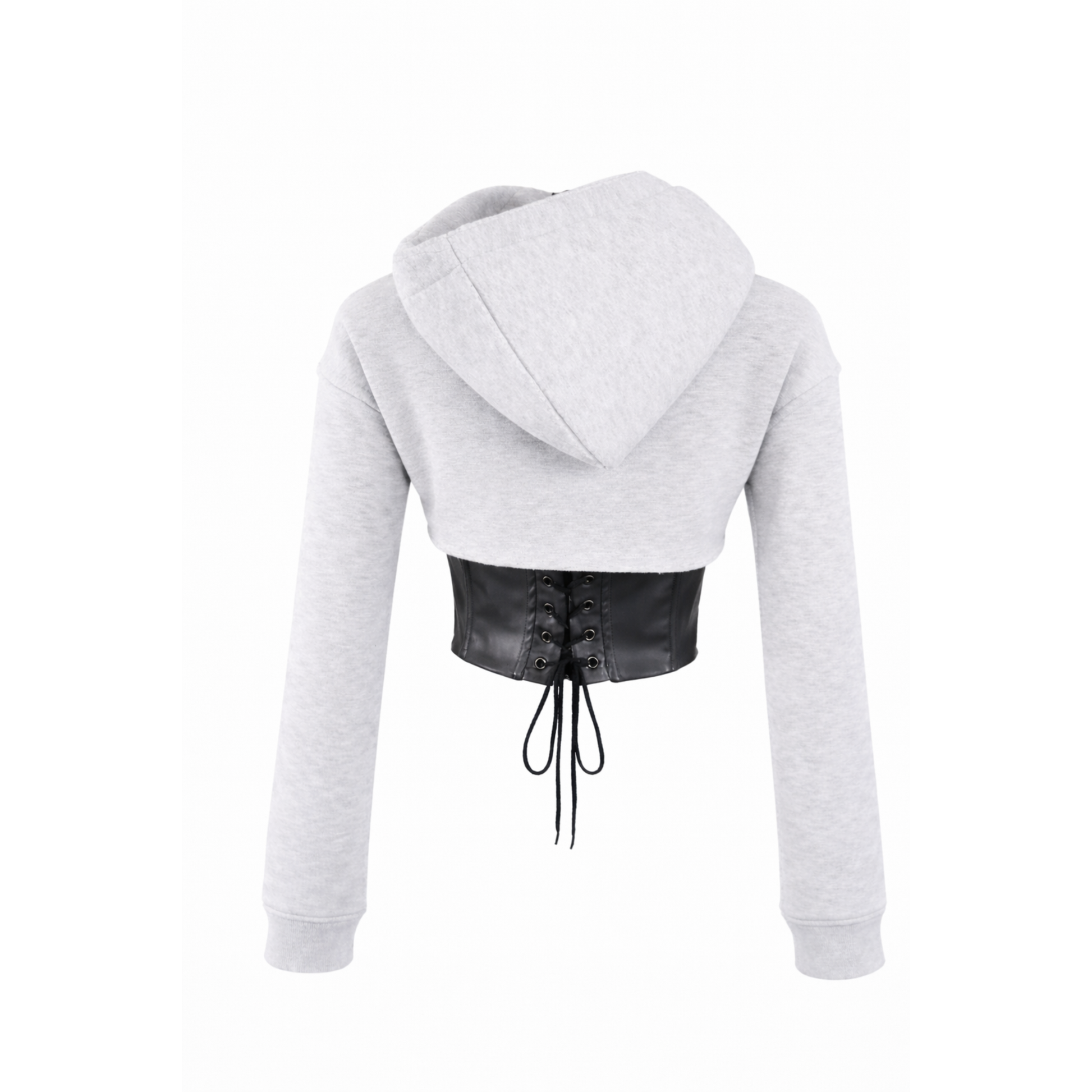 Back view of gray and black corset hoodie featuring faux leather corset detail and lace-up back design.