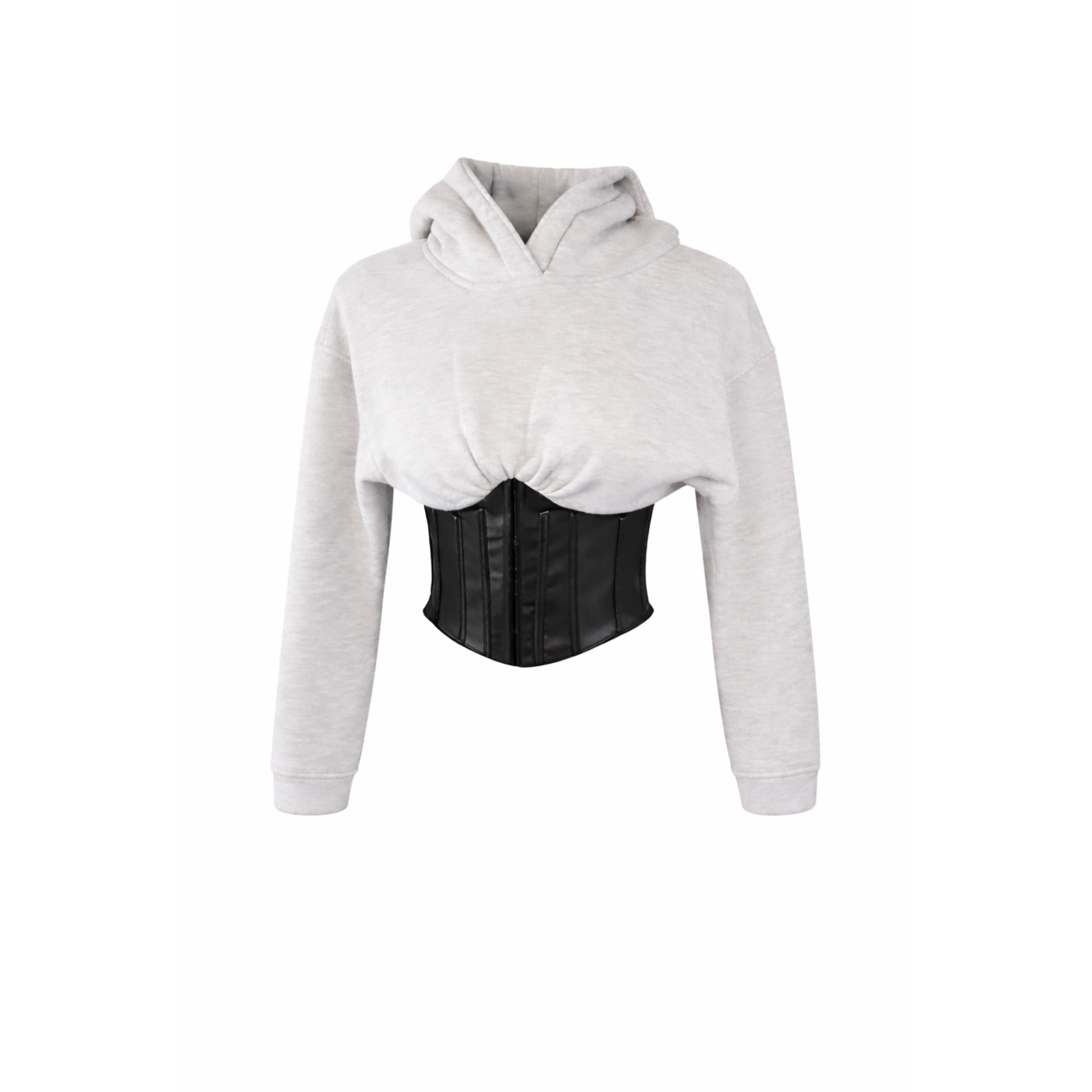 Gray and black lace-up corset hoodie with faux leather corset detail, lace-up back, long sleeves, and hood.