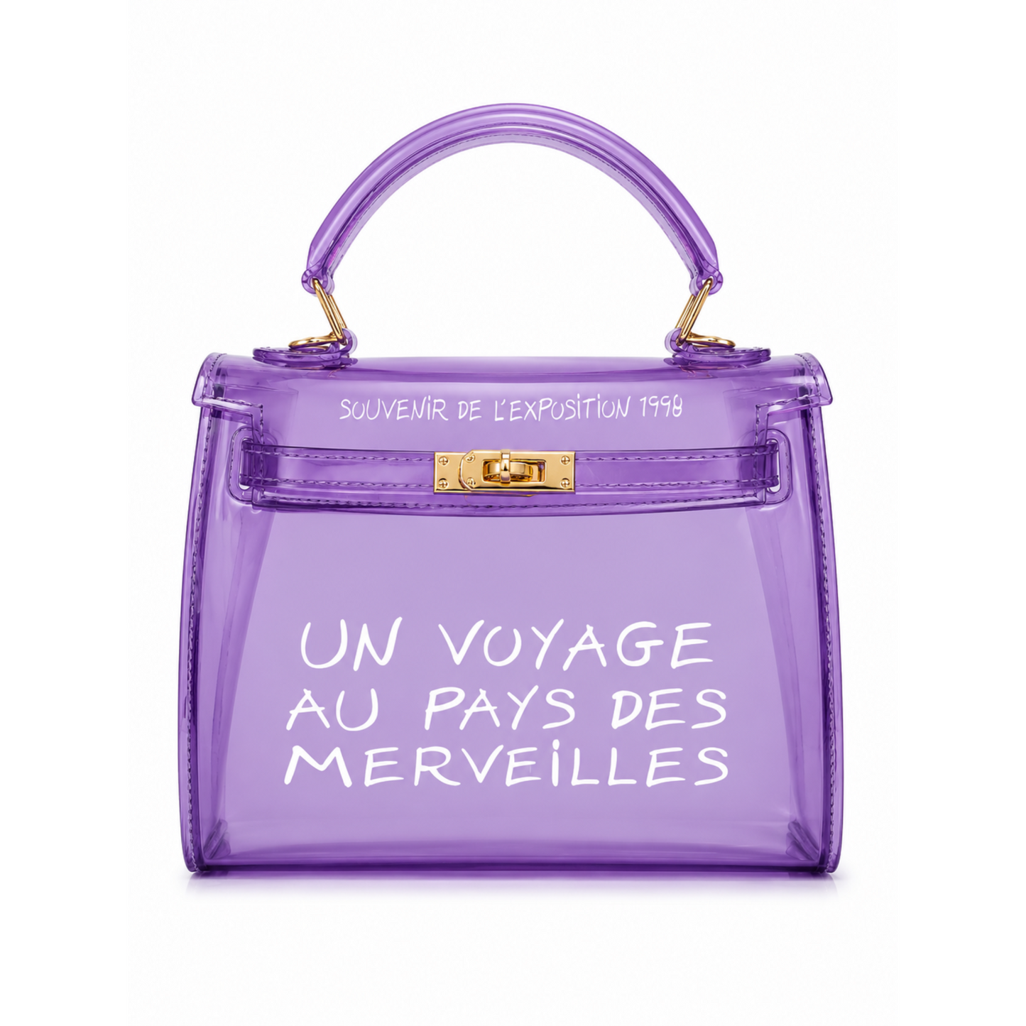 Lavender clear jelly top handle handbag with gold hardware front view