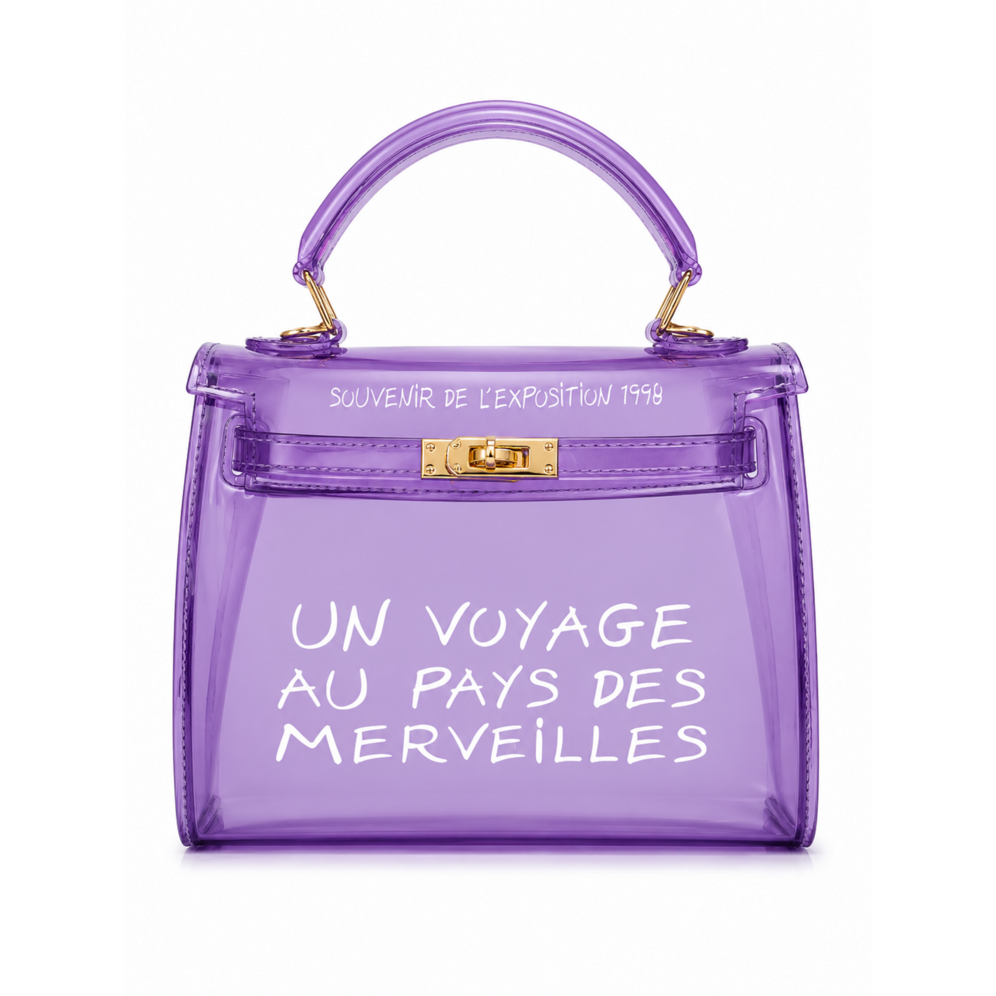 Lavender clear jelly top handle handbag with gold hardware front view