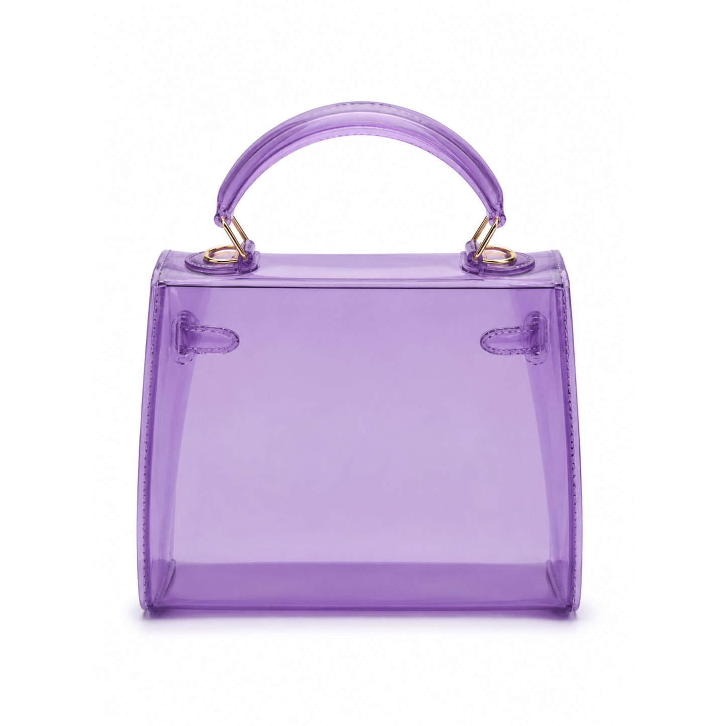 Back view of lavender clear jelly top handle handbag with gold hardware and structured design. 