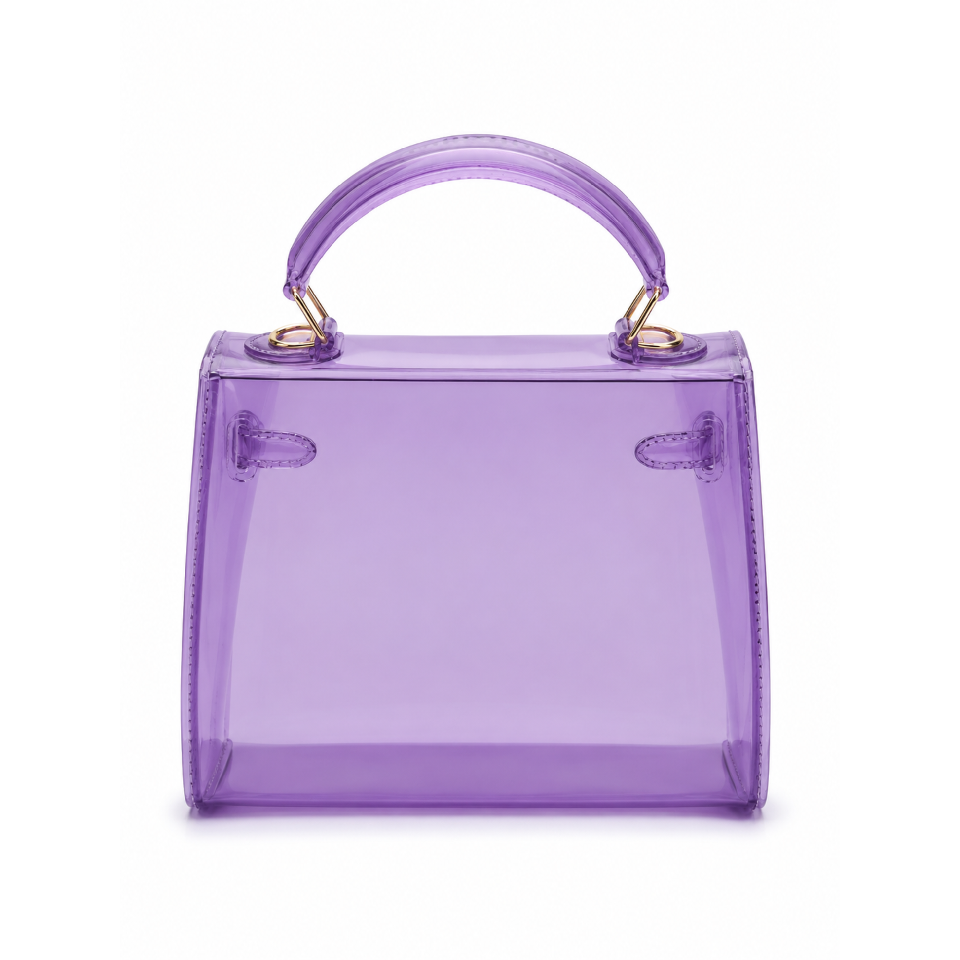 Back view of lavender clear jelly top handle handbag with gold hardware and structured design. 