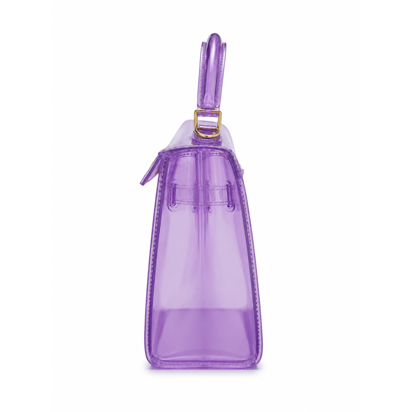 Side view of lavender clear jelly handbag with structured silhouette, top handle, gold-tone hardware, and detachable strap. 