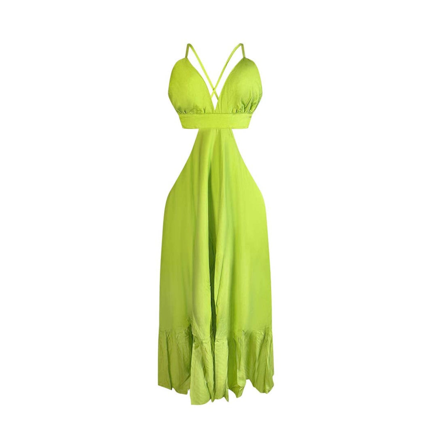 Lime green flowy maxi dress with deep V neckline, criss cross tie open back, cut out detail, elastic waist, and Colombian style silk fabric.