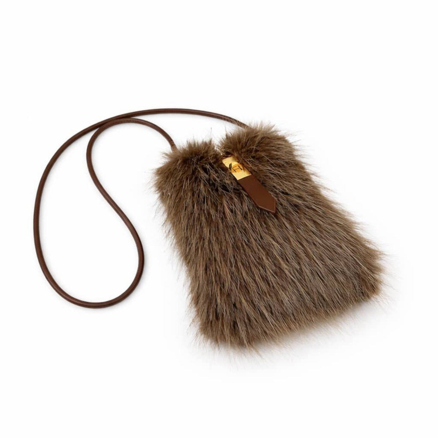 Luxury faux mink crossbody bag in brown, laying flat with  strap.