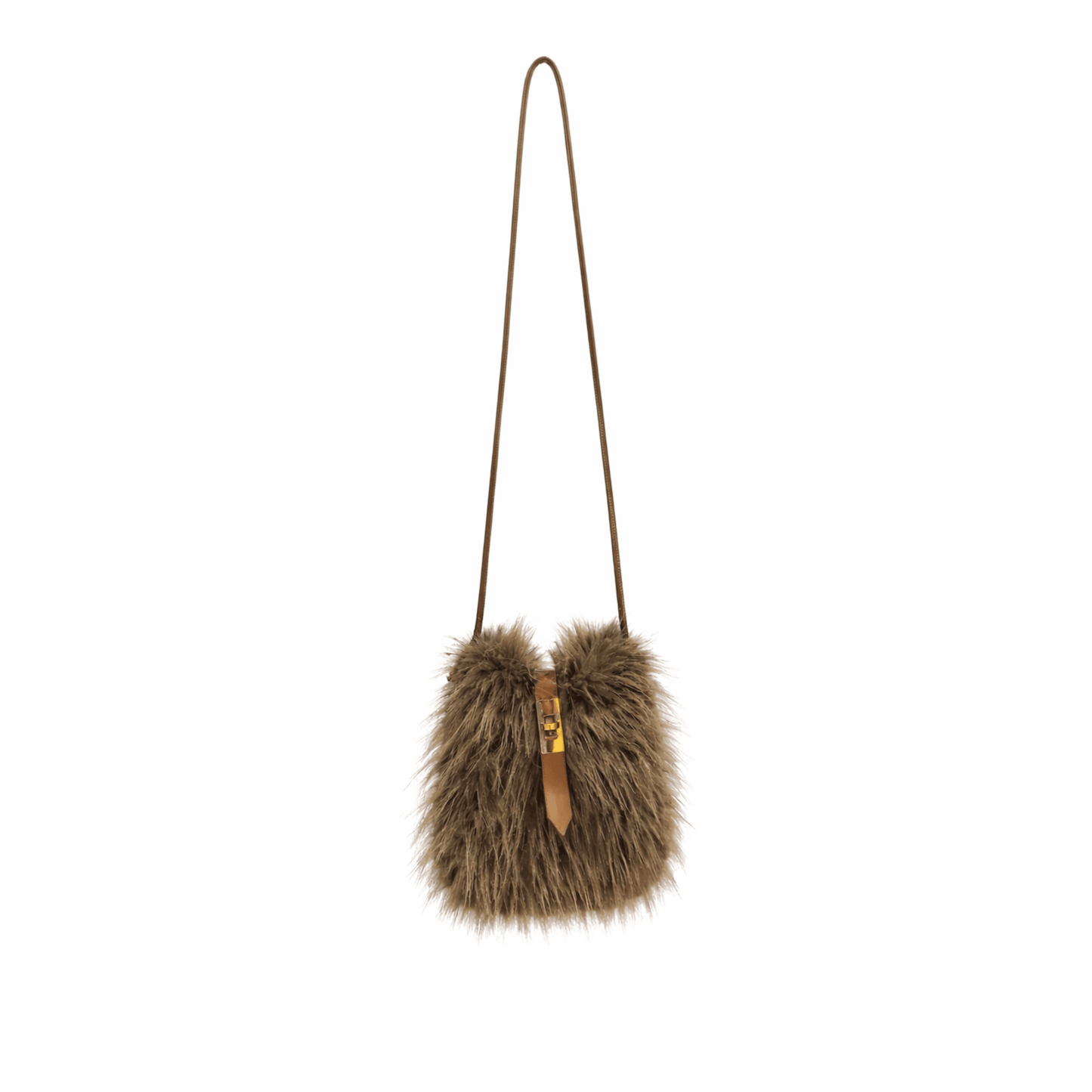 Luxury faux mink crossbody bag with plush brown  faux fur, lockable hardware and strap. 
