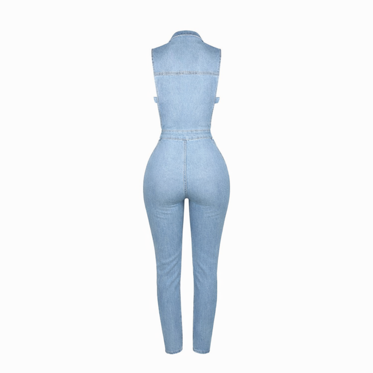 Medium wash sleeveless denim jumpsuit back view with fitted waist, contoured silhouette, and skinny leg stretch denim design.