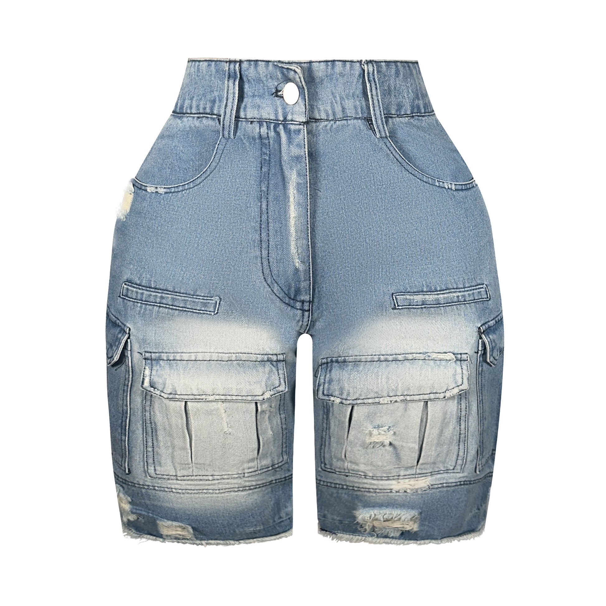 Medium wash distressed denim Bermuda cargo shorts with high rise fit, stretch fabric, and utility cargo pockets.