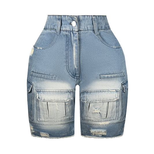 Medium wash distressed denim Bermuda cargo shorts with high rise fit, stretch fabric, and utility cargo pockets.