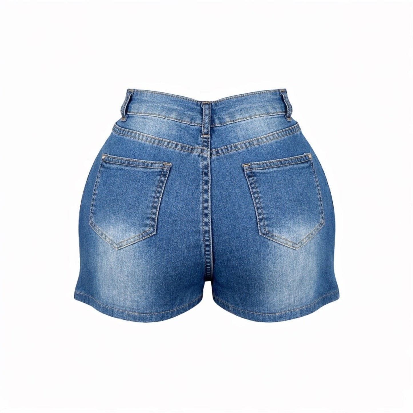 Back view of medium wash high rise stretch denim shorts with four pockets and contour fit.