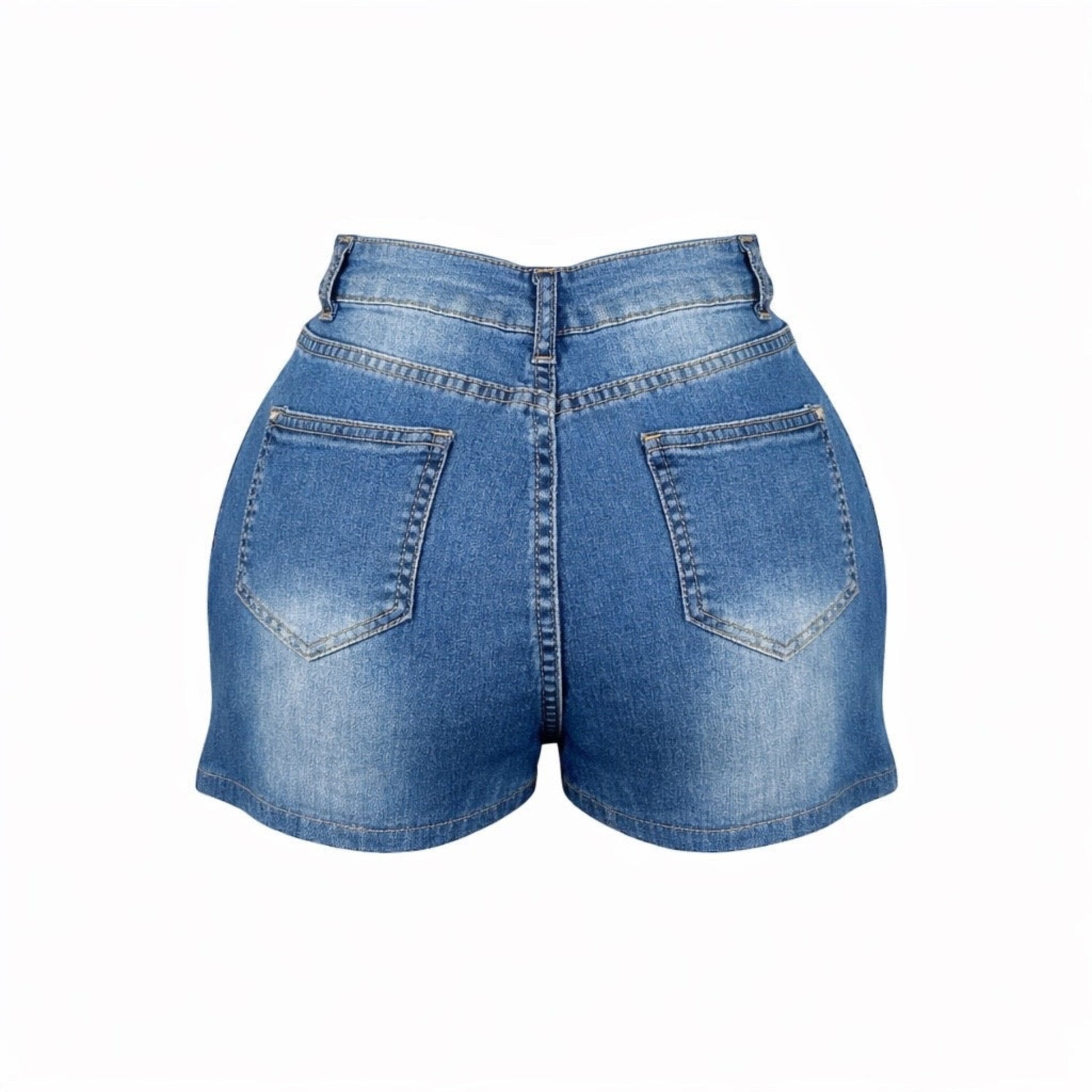 Back view of medium wash high rise stretch denim shorts with four pockets and contour fit.