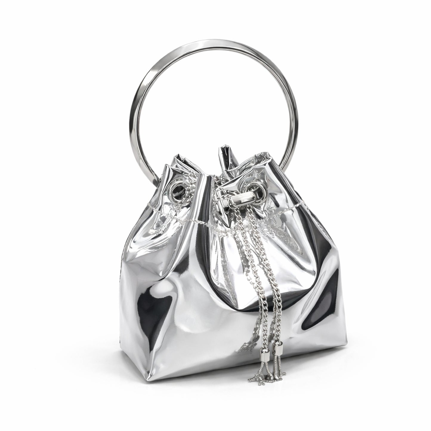 Silver high-shine metallic bucket bag with circular top handle and chain shoulder strap. 