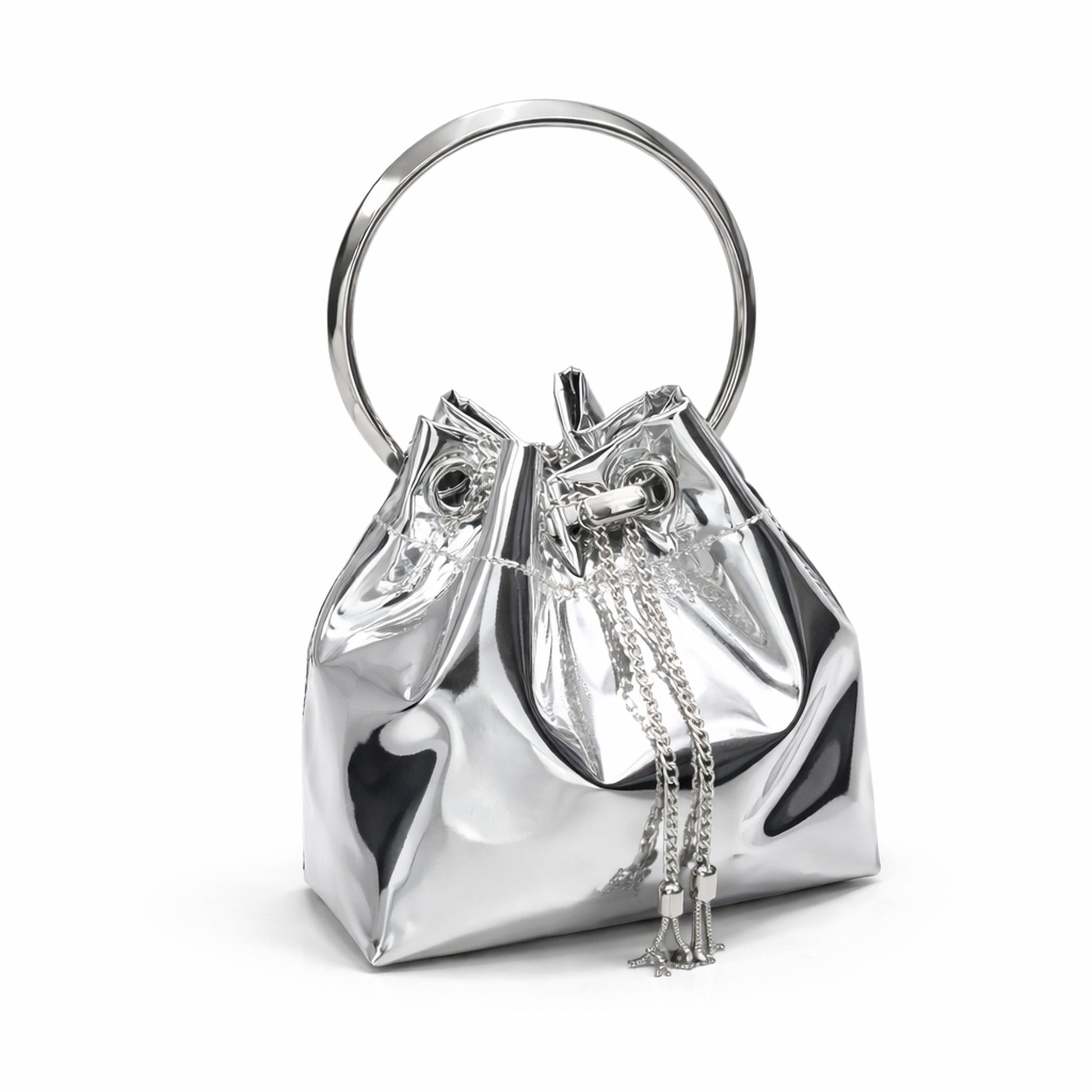 Silver high-shine metallic bucket bag with circular top handle and chain shoulder strap. 