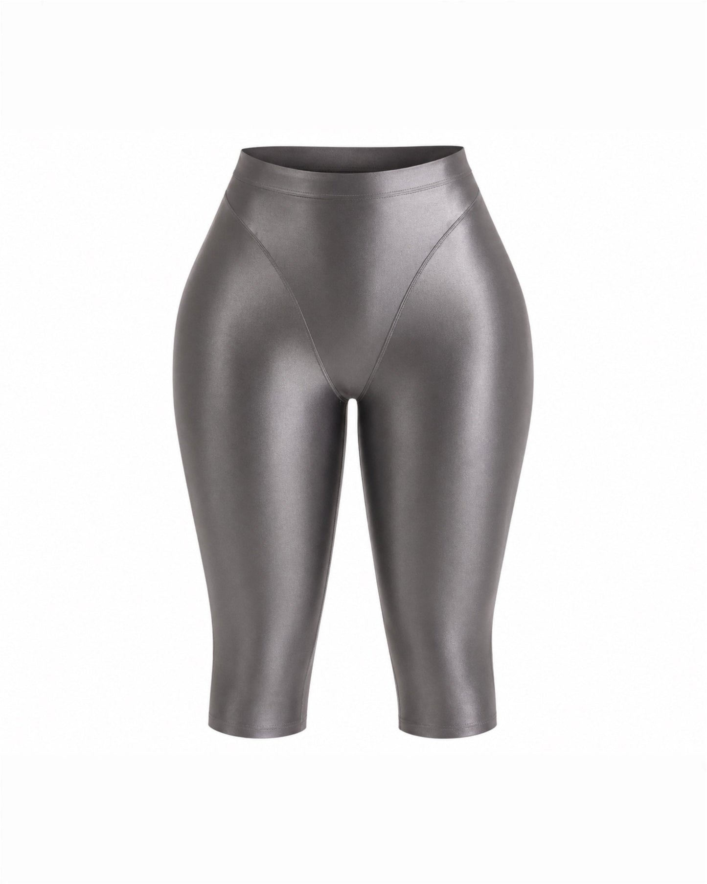 Metallic charcoal gray high-waisted capri leggings with curve-enhancing seam detail.
