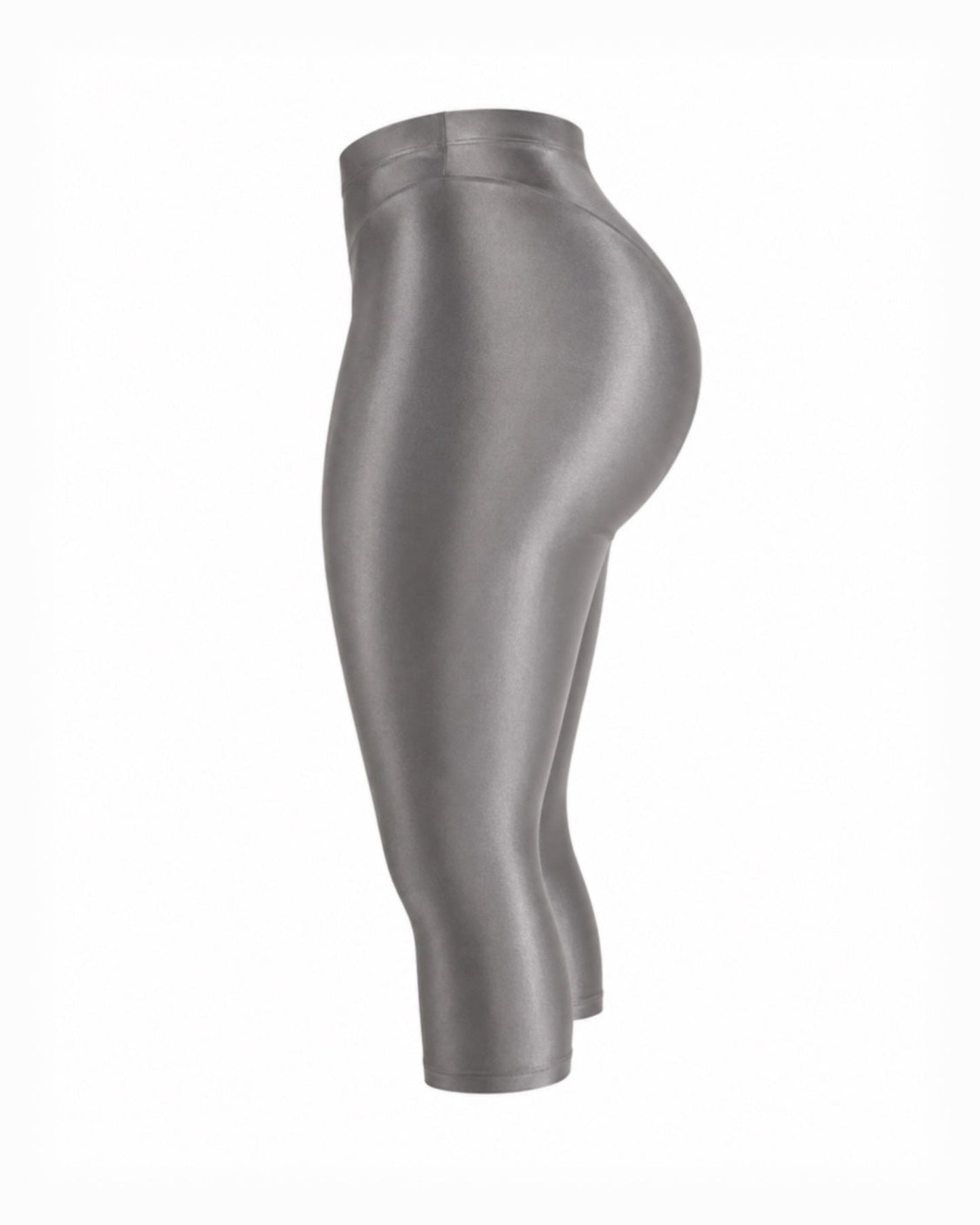 Metallic charcoal gray high-waisted capri leggings  with curve-enhancing fit, side view
