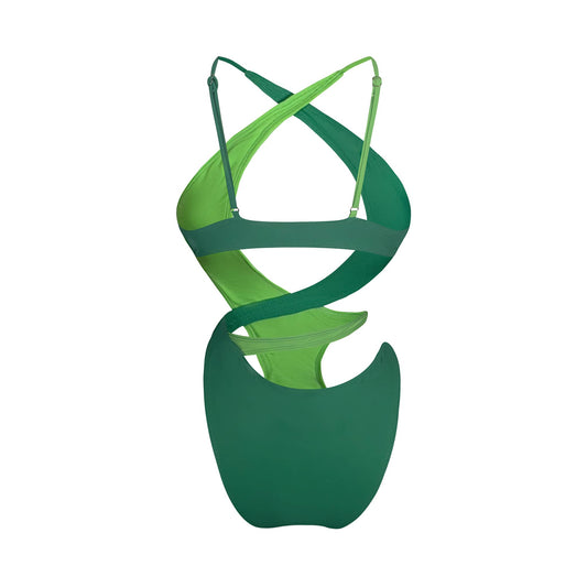 Back view of neon and Kelly green cutout monokini one piece swimsuit featuring cross back adjustable straps and bold sculpted cutout silhouette.