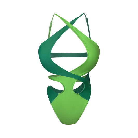 Neon and Kelly green cutout monokini one piece swimsuit with cross strap halter neckline and bold sculpted cutout silhouette designed for a striking statement swim look.