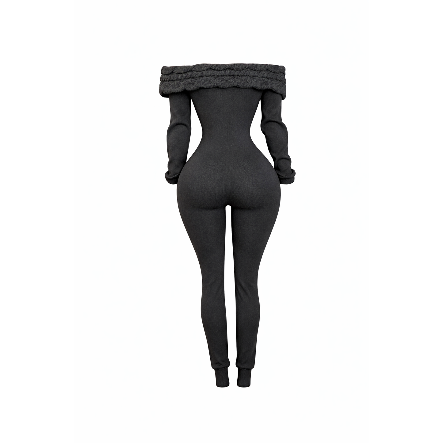 Back view of black fold-over off-shoulder knitted jumpsuit featuring long sleeves, fitted silhouette, and ribbed knit texture. 