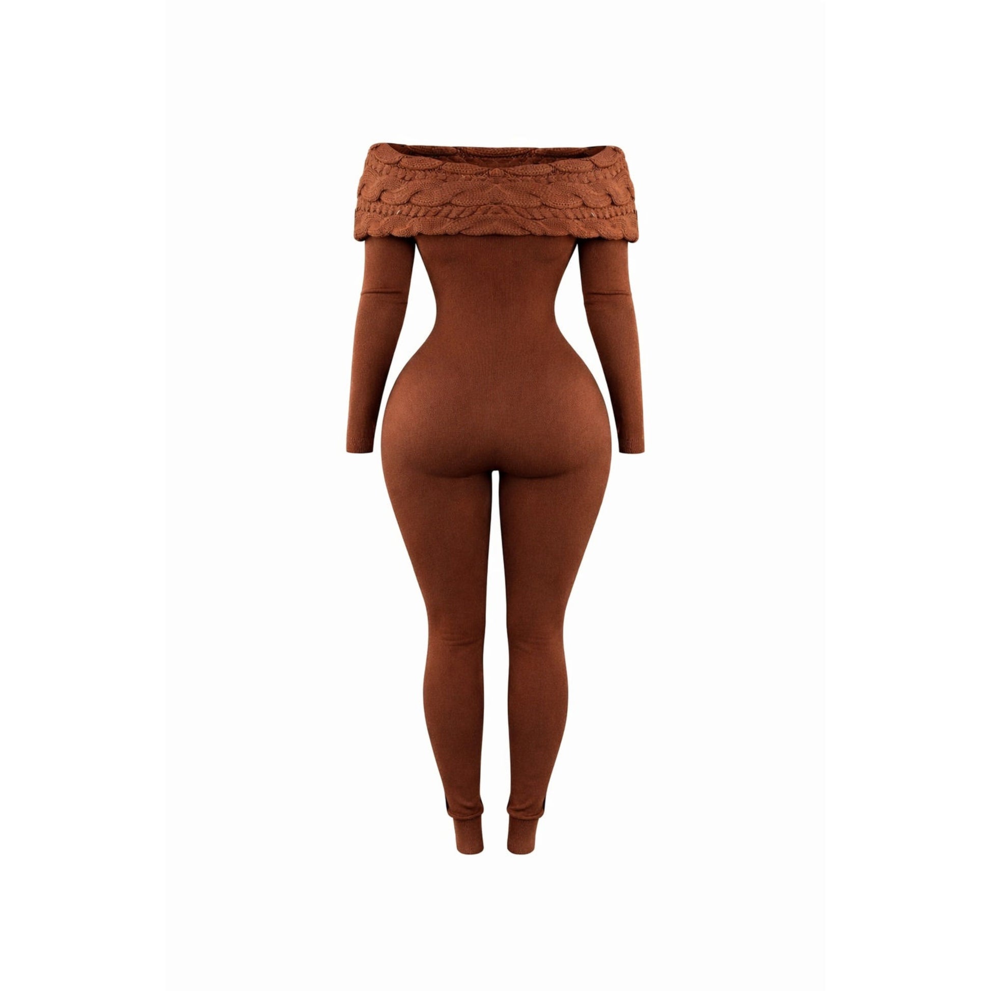 Back view of off-shoulder knitted jumpsuit in chocolate brown, featuring long sleeves, fitted silhouette, and soft ribbed knit fabric. 