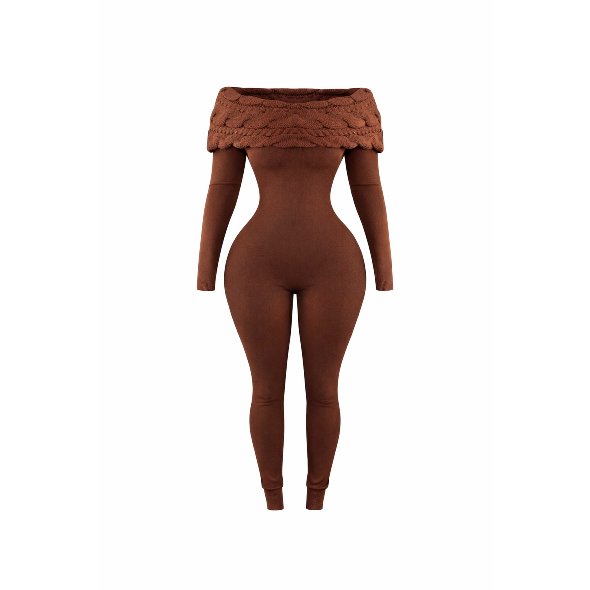 Fold-over Off-shoulder knitted jumpsuit in chocolate brown with long sleeves, fitted silhouette, and ribbed knit fabric. 