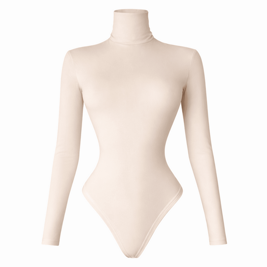 Soft nude open-back long-sleeve high-neck bodysuit with subtle shoulder pads.