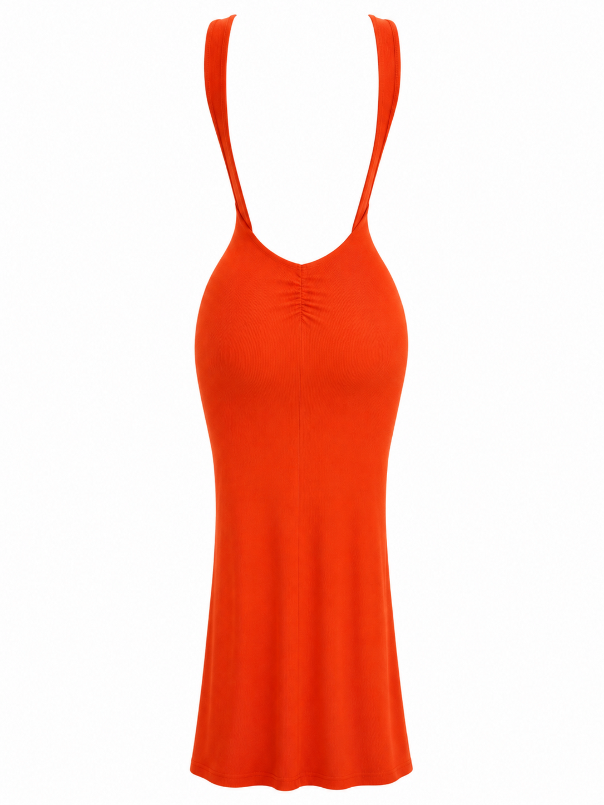 Back view of orange  open back ruched bodycon maxi dress featuring an elegant backless design, curve-hugging fit, and flattering ruched silhouette from Piecez.”