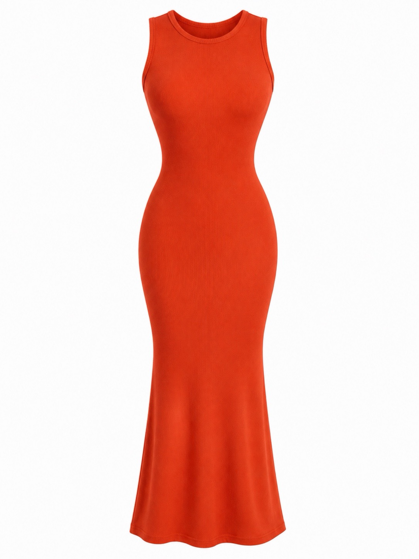 Orange ribbed open-back ruched maxi dress featuring a curve-hugging bodycon fit, sleeveless design, flared mermaid hem for elevated statement look. 