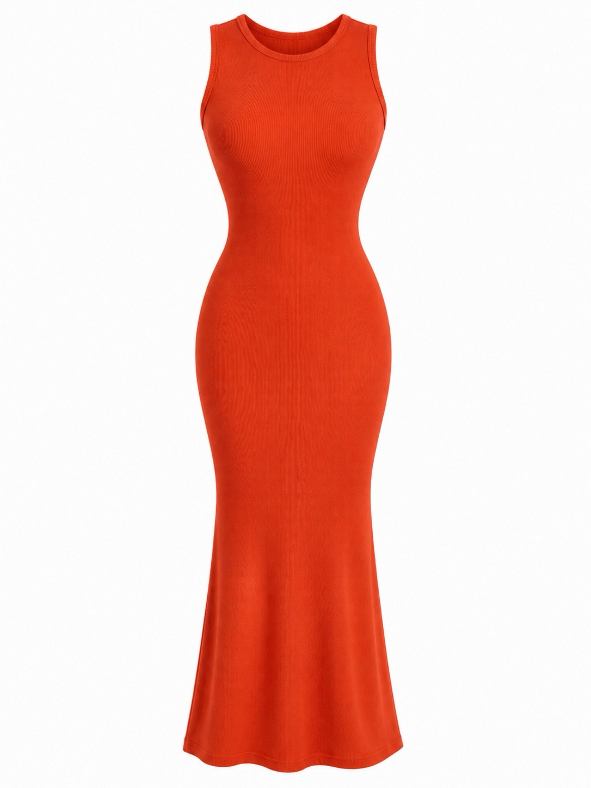 Orange ribbed open-back ruched maxi dress featuring a curve-hugging bodycon fit, sleeveless design, flared mermaid hem for elevated statement look. 
