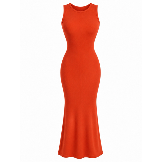 Orange ribbed open-back ruched maxi dress featuring a curve-hugging bodycon fit, sleeveless design, flared mermaid hem for elevated statement look. 