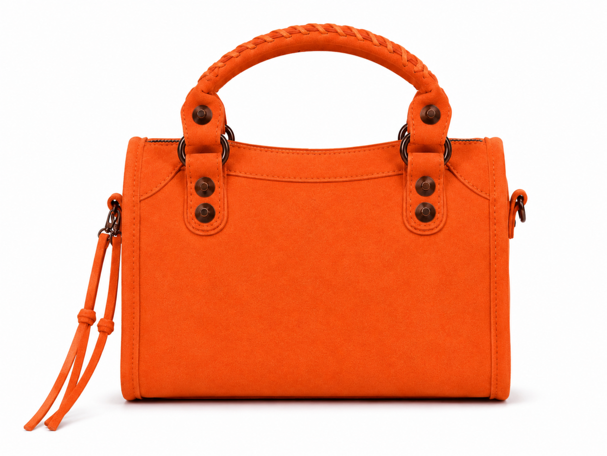 Orange studded moto tassel satchel handbag with suede-look finish, antique bronze hardware, two top handles and structured back view