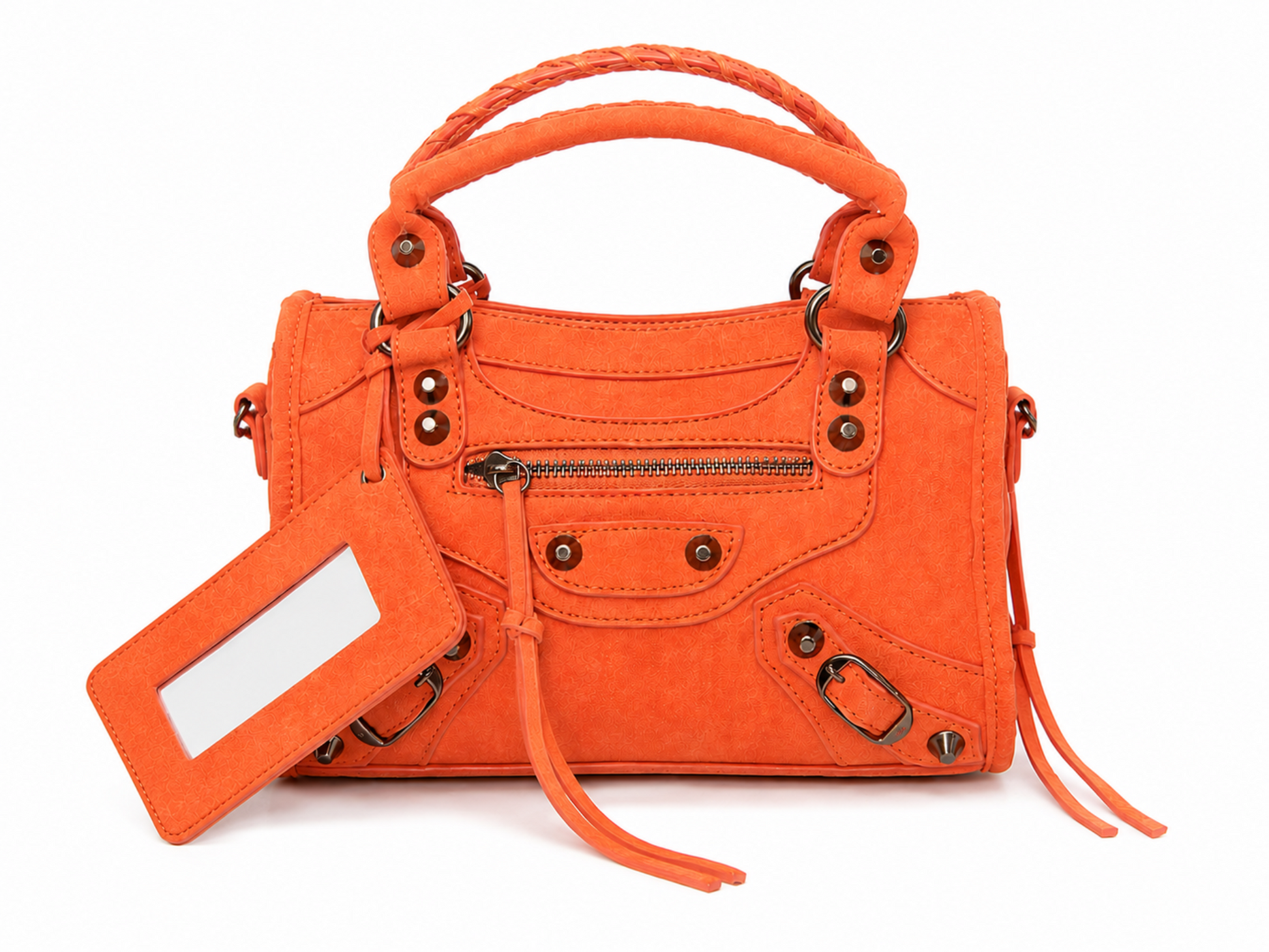 Orange studded moto tassel satchel handbag with suede-look finish, antique bronze hardware and top handles, front view.