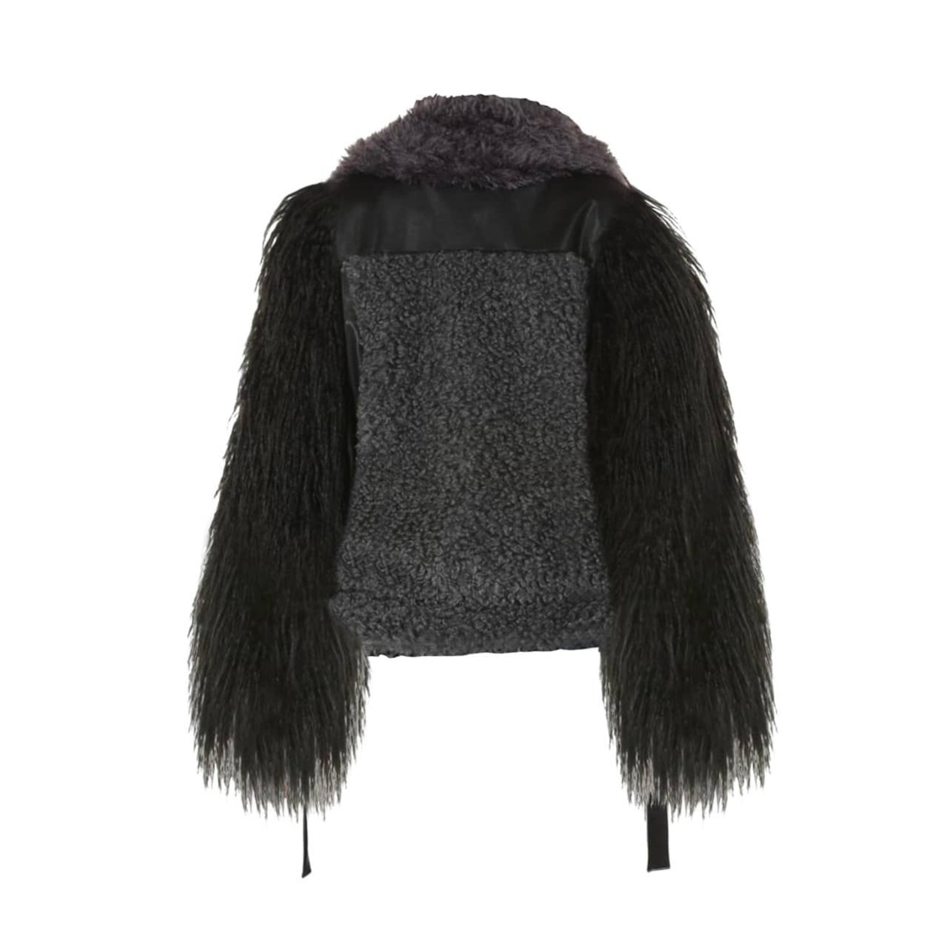 Oversized vegan leather and shearling coat shown from the back, featuring black/dark gray color, back belt for waist cinching.