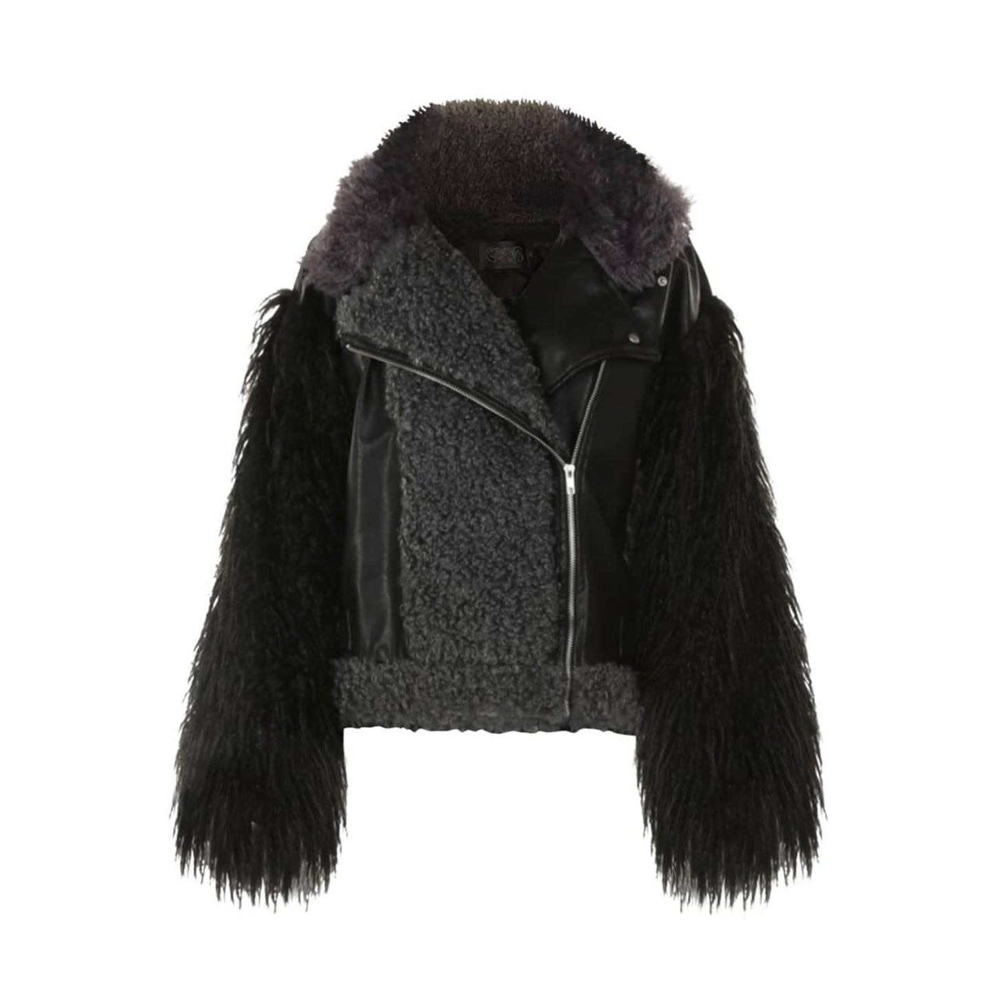 Black and dark gray oversized vegan leather and shearling coat featuring collar neckline with vegan fur trim, zip closure, long sleeves, two pockets, button accents, and back belt for waist cinching. Made from 100% polyester.