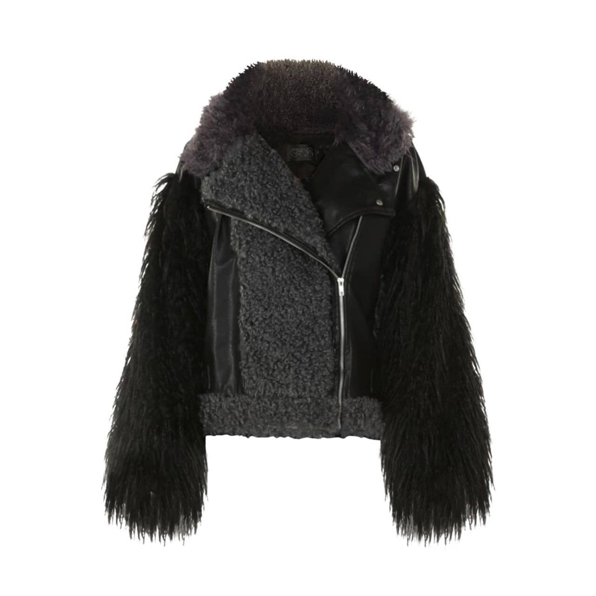 Black and dark gray oversized vegan leather and shearling coat featuring collar neckline with vegan fur trim, zip closure, long sleeves, two pockets, button accents, and back belt for waist cinching. Made from 100% polyester.
