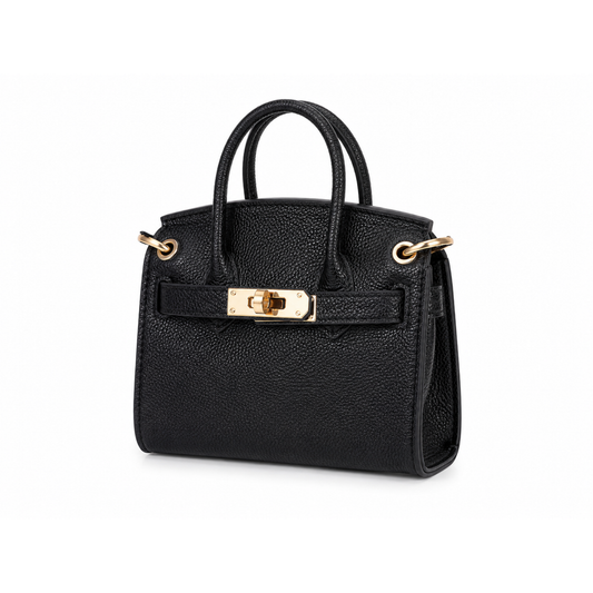 Black mini satchel handbag with detachable shoulder strap, structured silhouette, dual top handles, gold-tone hardware, and textured finish displayed on a white background.
