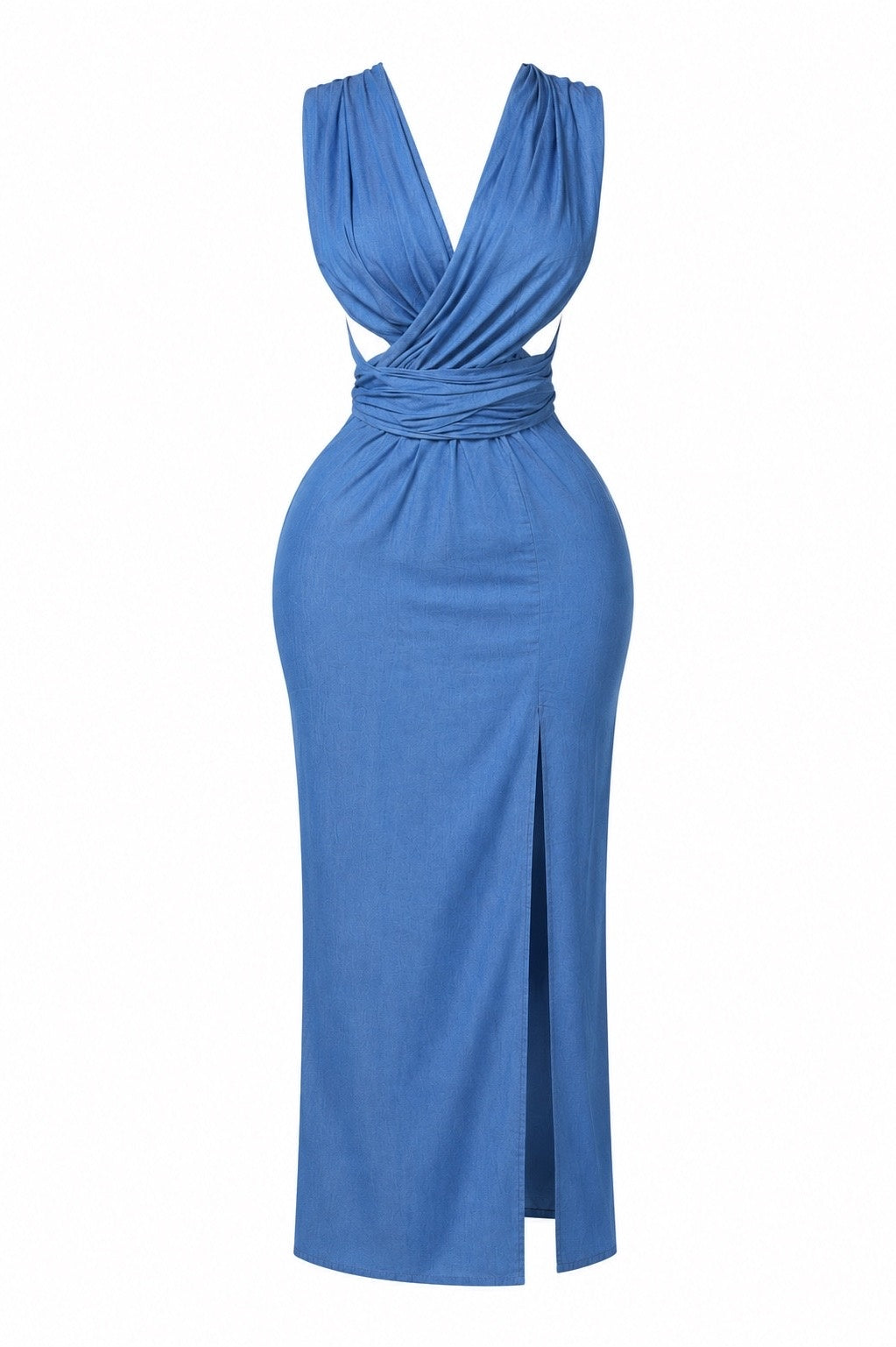 Blue waist wrap side slit maxi dress with draped deep V-neckline and sleeveless design front view by Piecez. 