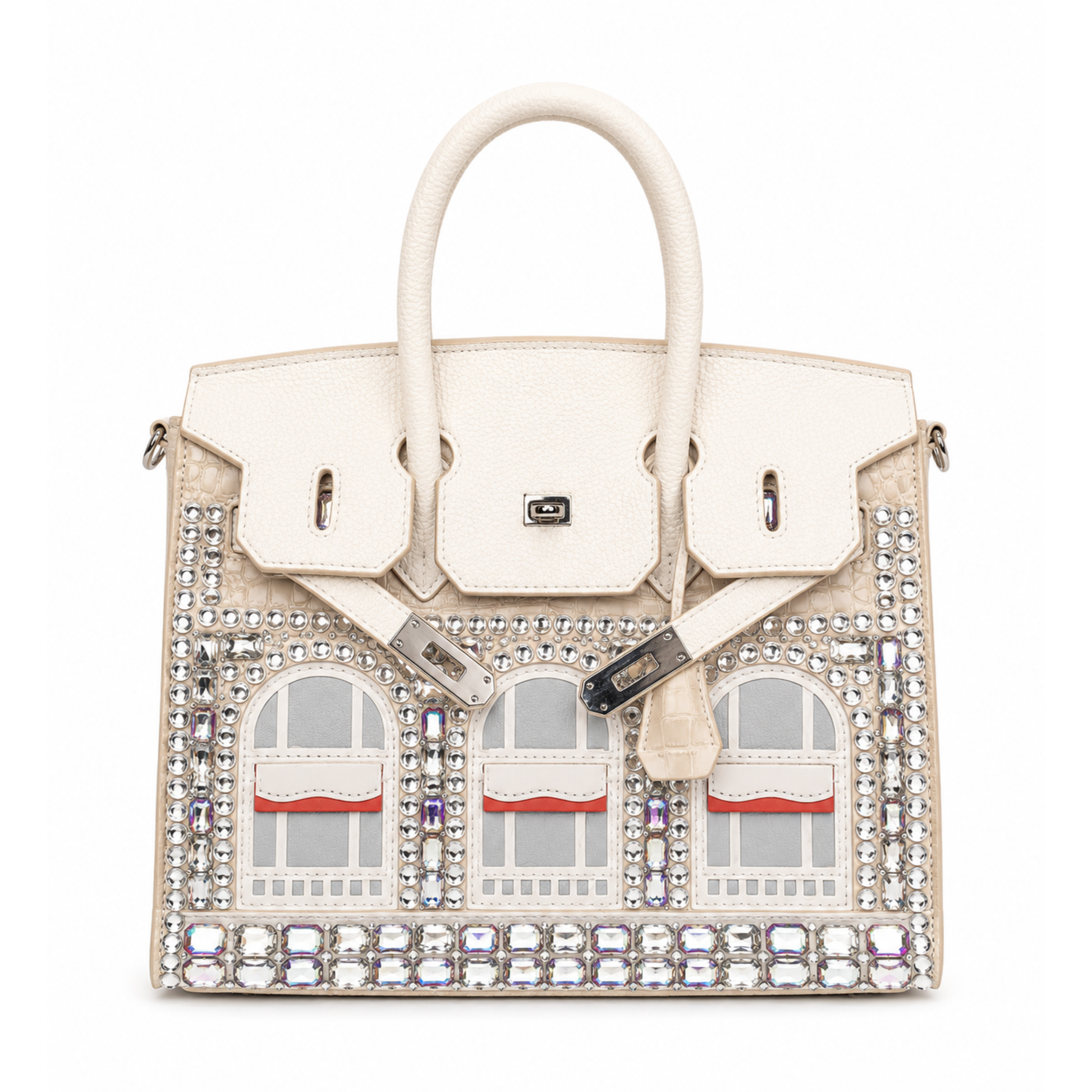 Ivory rhinestone handbag with crystal detailing, silver hardware, and structured satchel design 