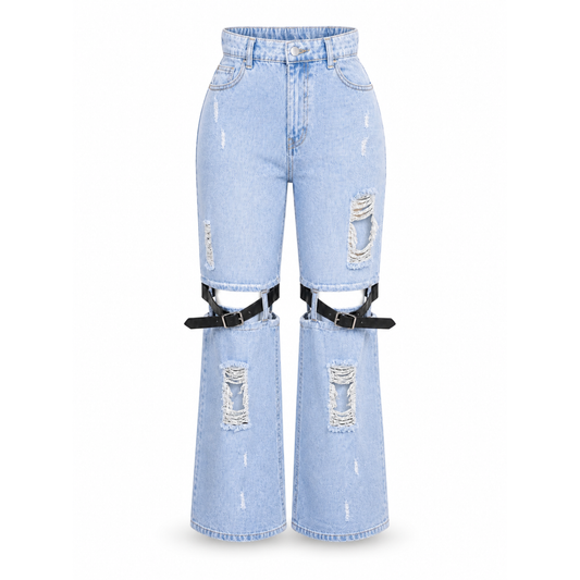 Light wash cut-out strap buckle wide leg denim jeans front view – Piecez