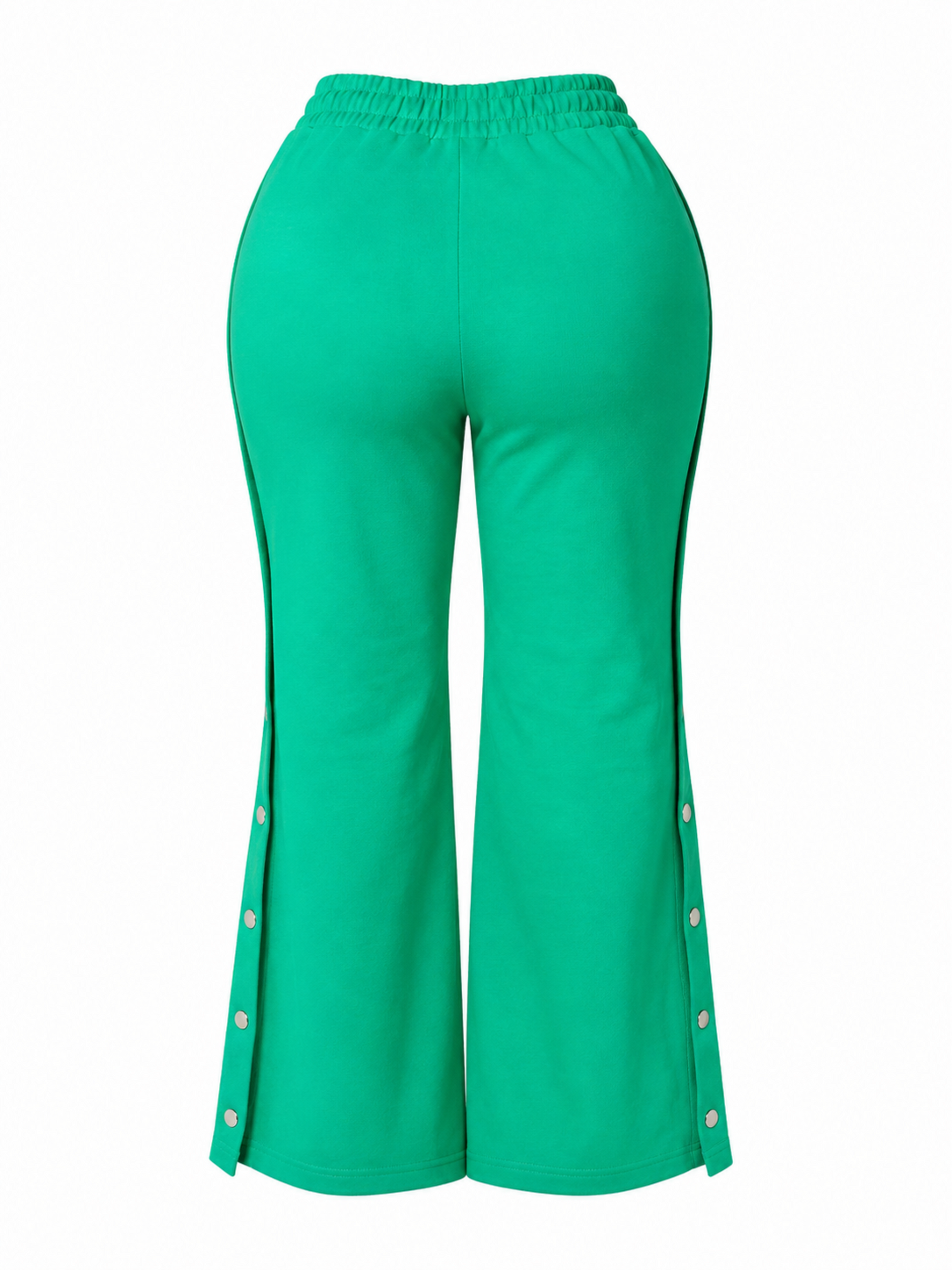 Kelly Green wide leg side snap pants with high waist fit and silver snap detailing. 
