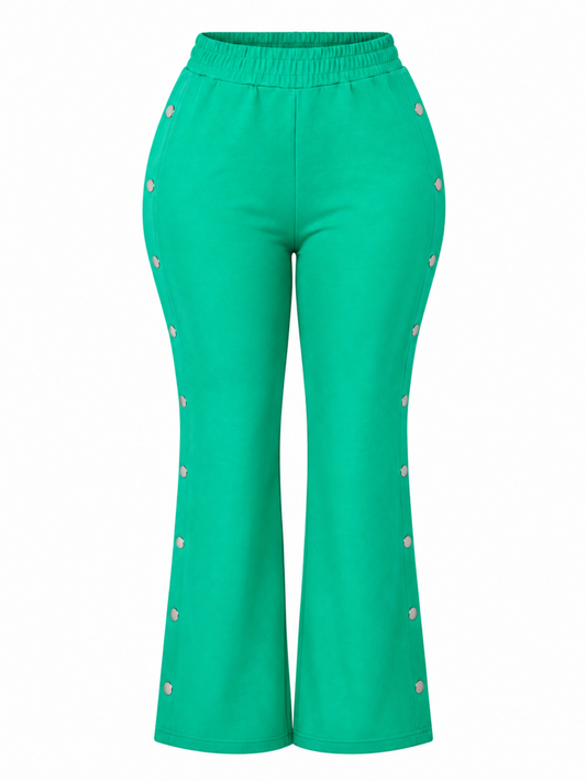 Kelly Green side snap wide leg pants with high waist fit and silver snap detailing. 
