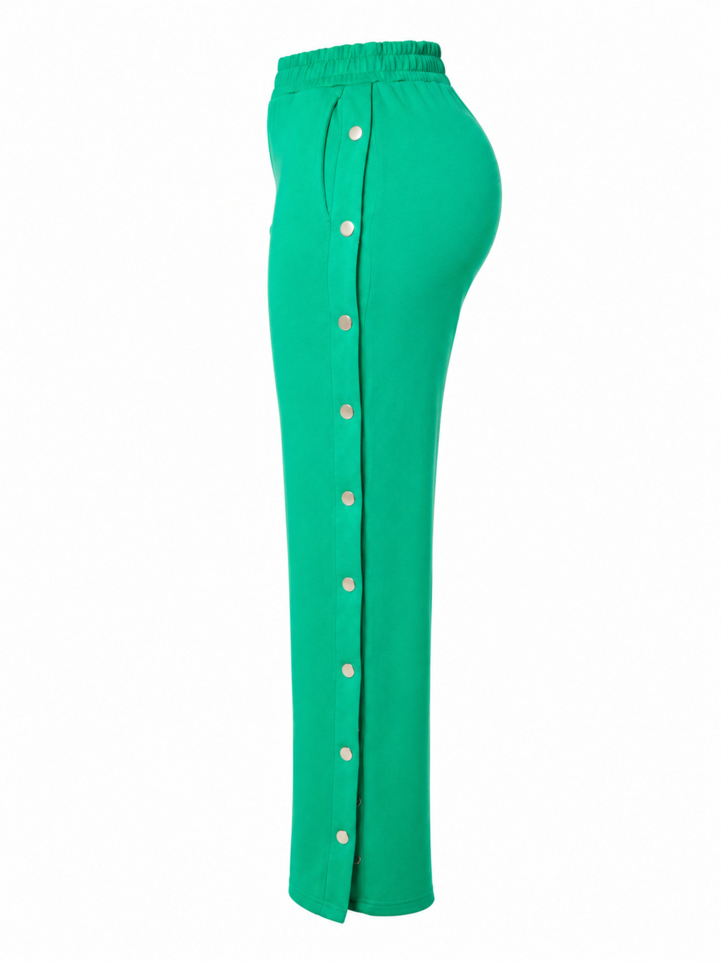 Kelly Green side snap wide leg pants with silver snap detailing. 

