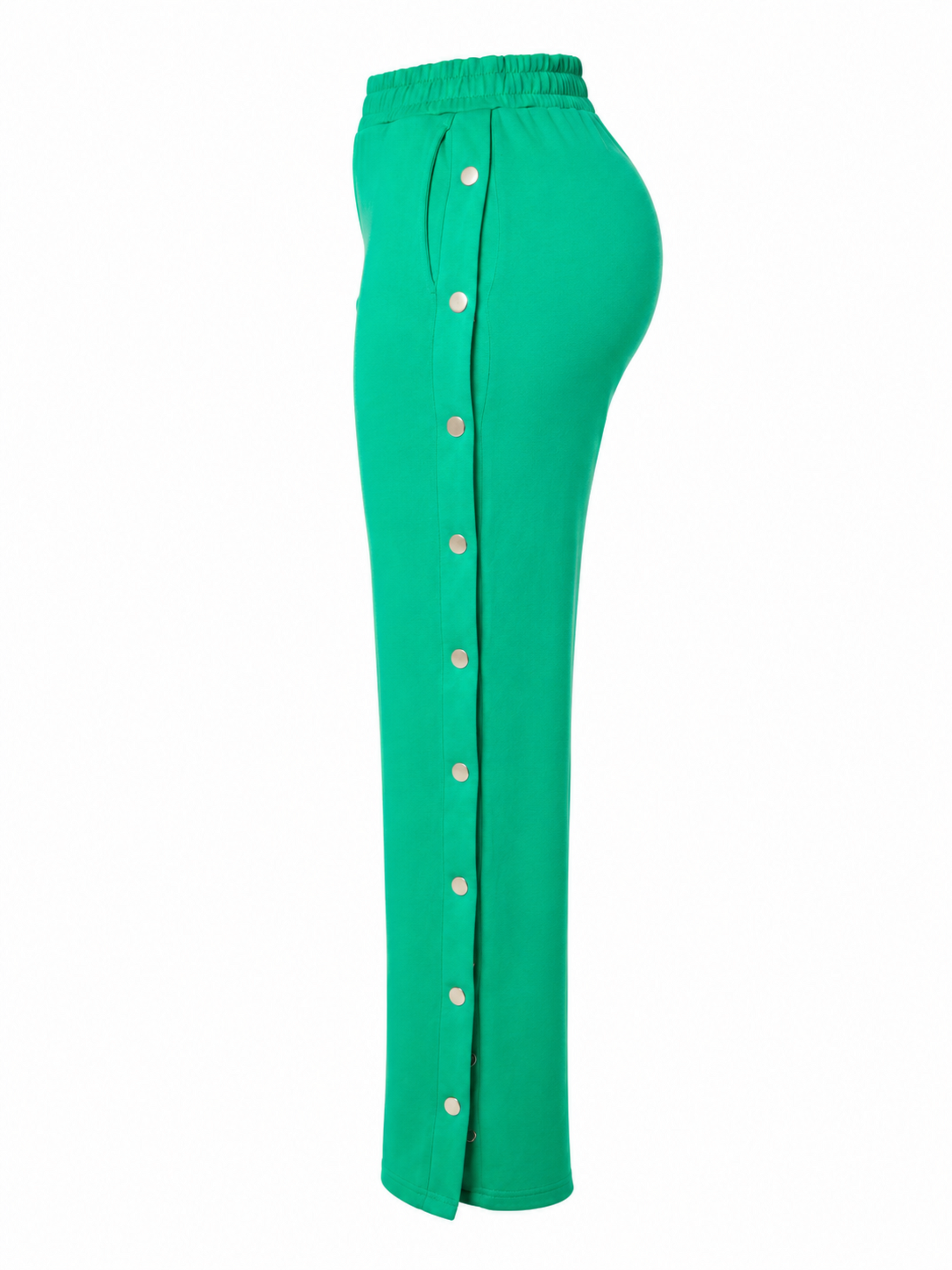 Kelly Green side snap wide leg pants with silver snap detailing. 
