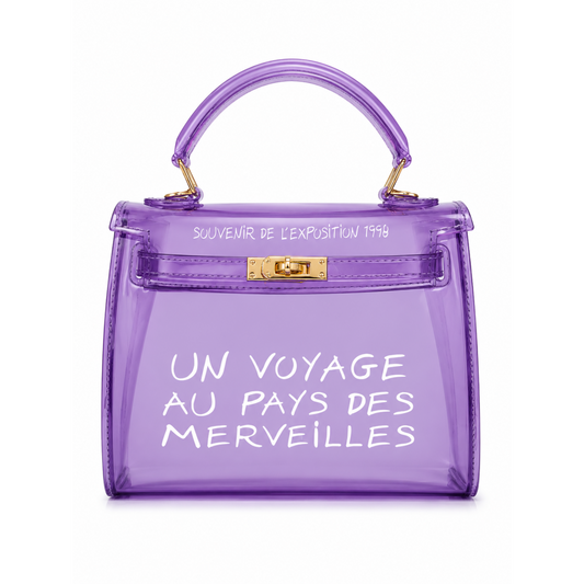 Lavender clear jelly top handle handbag with gold hardware front view